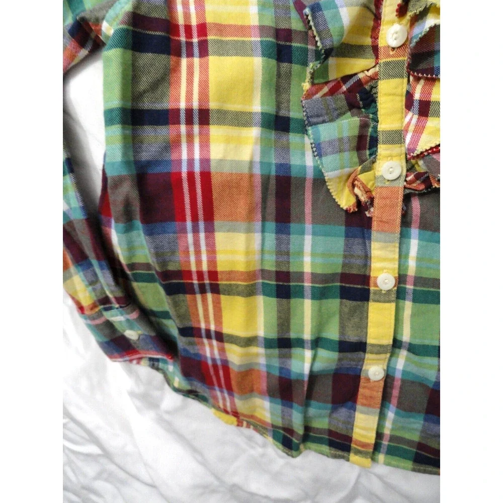 Ralph Lauren Button Up Long Sleeve Shirt Girls Size 5 Yellow Blue Plaid Ruffles